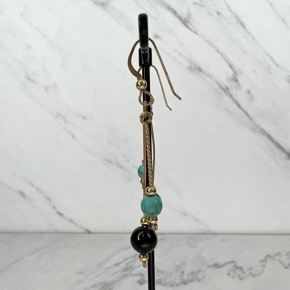 Gold Tone Faux Turquoise and Black Beaded Drop Dangle Earrings Pierced Pair - Picture 3 of 4